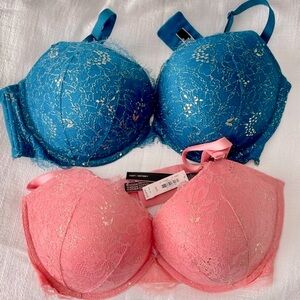 Victoria's Secret Teal Blue and Coral Pink Lace Push-Up Bras
